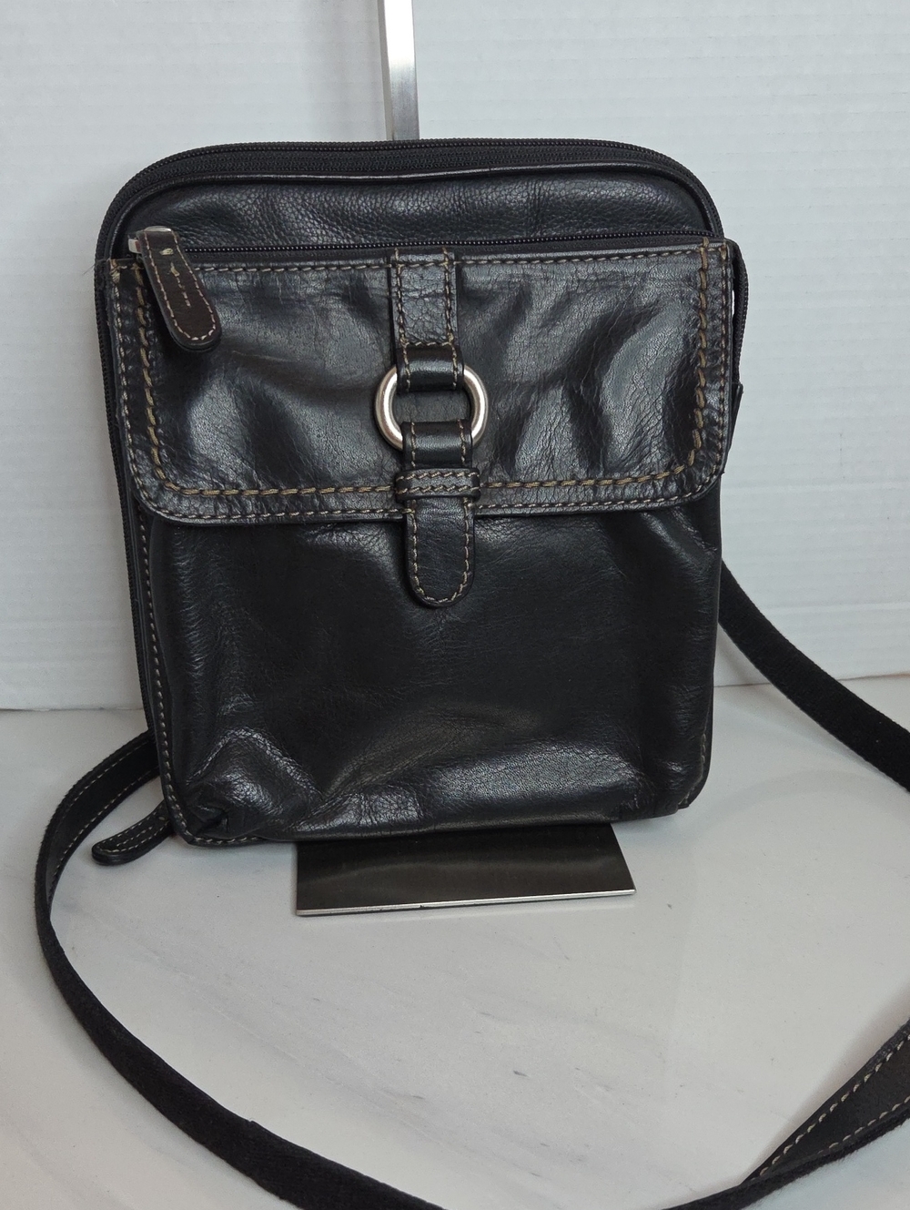 Fossil Black Leather Crossbody Bag with Ring Detail